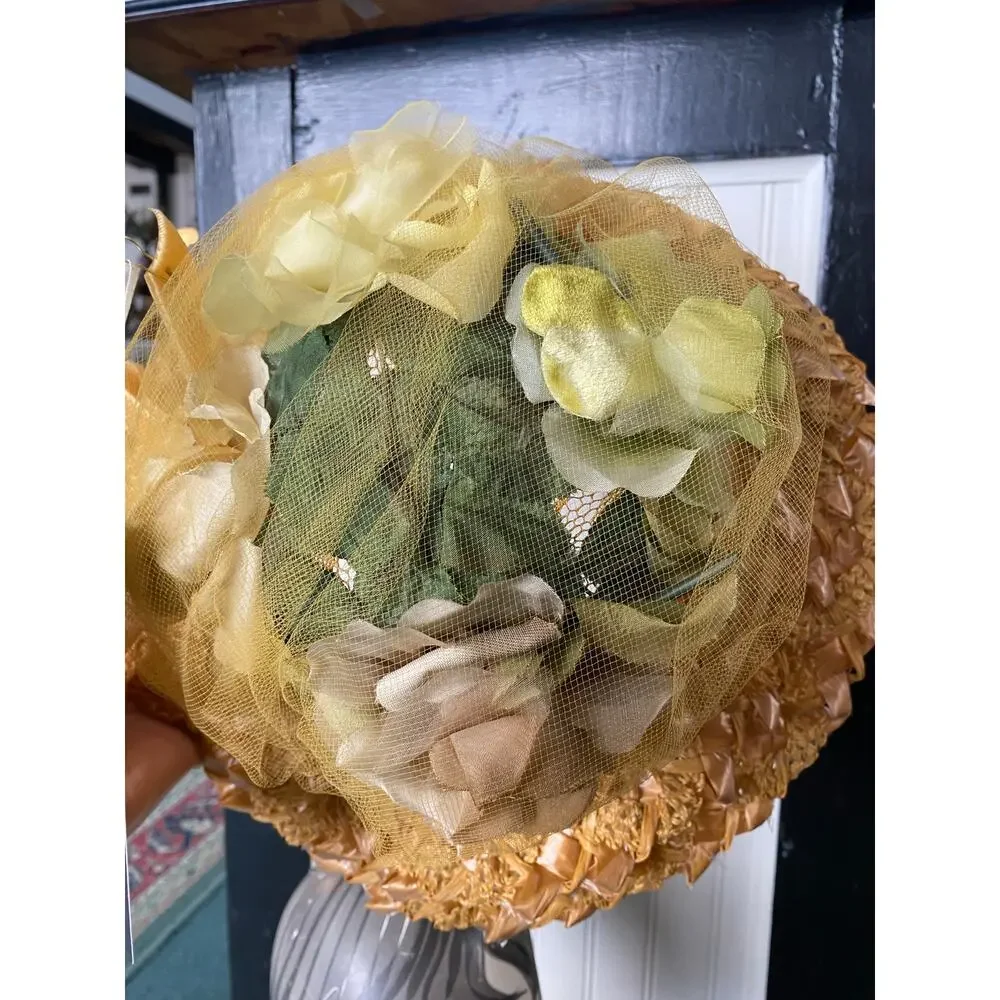 vintage 1960s wide brim straw hat rose petals 60s fashion tulle netting kentucky - Picture 8 of 8